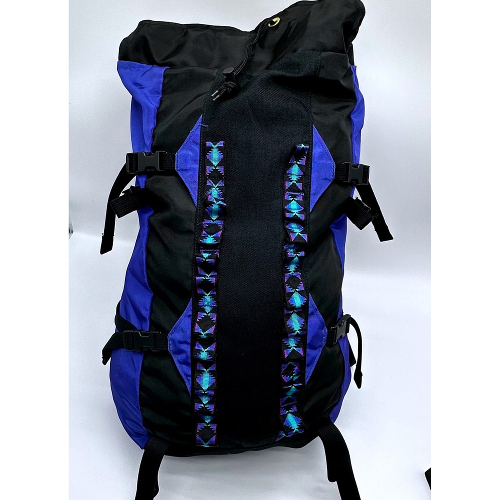 Quest Vintage Internal Frame Backpack Blue Black Geometric Hiking Trekking 22in - Picture 2 of 11